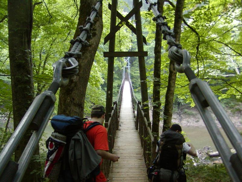 Crossing over the Red River on the Sheltowee Trace Swinging Bridge.
<br>76:P5140094.JPG